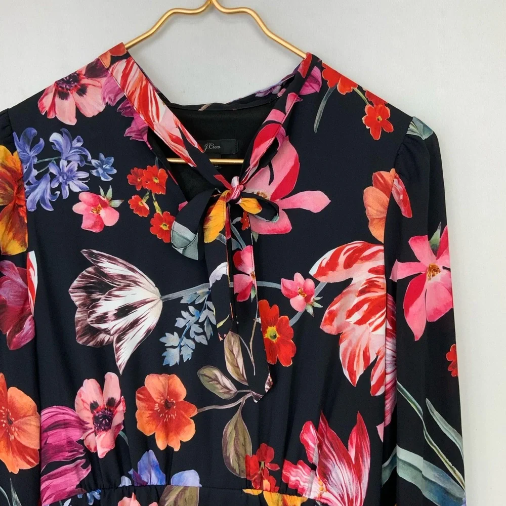 J. Crew Sz‎ 0 Midnight Dutch Floral Tie-Neck Long Sleeve Midi Dress Feminine